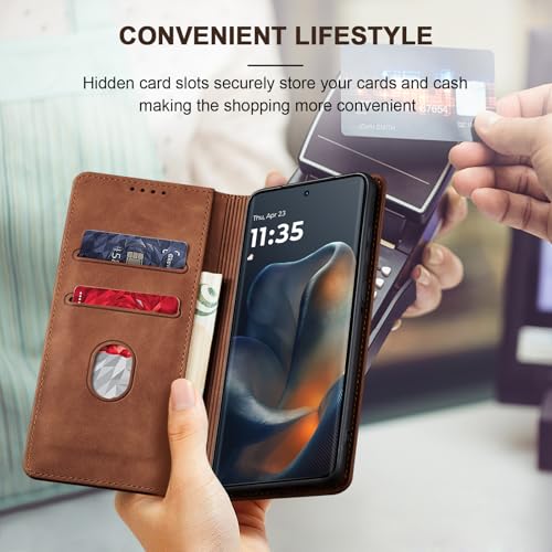 Image of Jasonyu Case for Motorola Edge 60 Leather Wallet Flip Cover with Card Holder,Kickstand, Magnetic Closure,TPU Shockproof Phone Case (Brown)