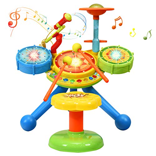 COSTWAY Tamburo Giocattolo Rock And Roll per Bambini, Strumenti Musicali Batteria Elettronica Bambini, con Microfono e Sedile