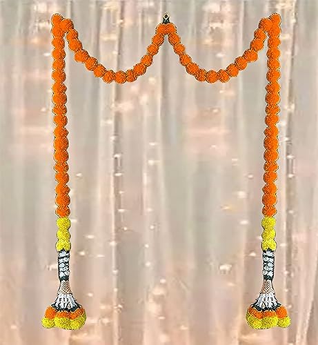 Image of Tia Crafts Artificial Marigold Handmade Fluffy Flower Toran for Main Door Entrance Decoration with Jasmine & Bell for Home, Pooja Room, Festival, Diwali, Ganpati, Wedding Decor | Set of 2