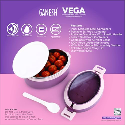 Image of Ganesh 1 Compartment Vega Portable Insulated Food Container with Attractive Spoon - Airtight Leak-Proof Lunch Box for Office, School, Picnic - 400ml Peach