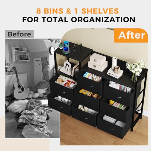 Image of NEWBULIG Dresser TV Stand with 8 Fabric Drawers and 1 Shelf, Wooden Top TV Media Console Table for Up to 45 inch, Entertainment Center with Charging Station for Living Room Bedroom, Black
