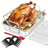 15.5' Roasting Pan with Rack, Stainless Steel Rectangular Turkey Roaster Lasagna Pan with U-Shaped & Flat Baking Rack, Sturdy Handles Easy Clean Dishwasher Safe, Set of 6