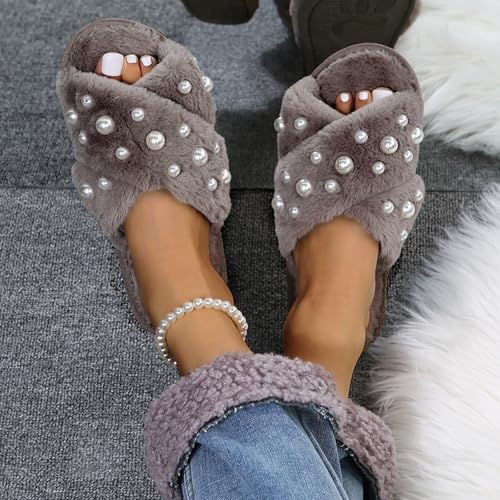 Open Toe Slippers for Women, Women's Fuzzy Slippers Cross Band Memory Foam House Shoes Cozy Warm Plush Fluffy Slipper Indoor and Outdoor2