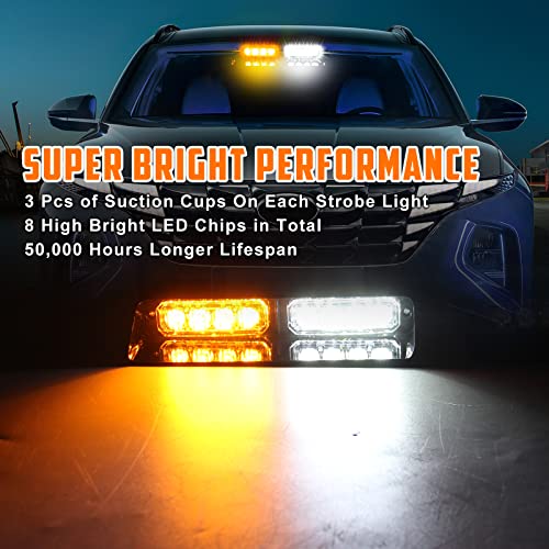 Afurkuot Led Dash Emergency Strobe Light Amber & White, 16 Flashing Modes Led Interior Windshield Led Beacon Warming Safety Caution Hazard Strobe Light Bar For Vehicles 12V Truck Snowplow Tractors #TOP5