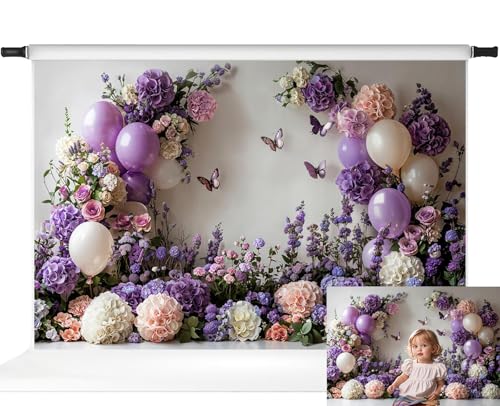Toile de fond Kate Cake Smash violette avec ballons et papillons de 2,1x1,5m