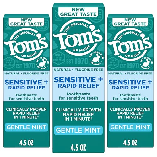 Tom’s of Maine Sensitive Plus Whitening Fluoride Free Toothpaste, 4.5 Oz, 3 Pack, Clinically Proven, Enamel Safe, Builds an Arginine and Calcium Shield Around Teeth, Mint