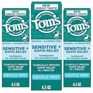 Tom’s of Maine Rapid Relief Plus Sensitive Teeth Toothpaste, Fluoride Free, Gentle Mint, 4.5 Oz, 3 Pack, Clinically Proven Enamel Safe, Builds Arginine and Calcium Shield Around Teeth