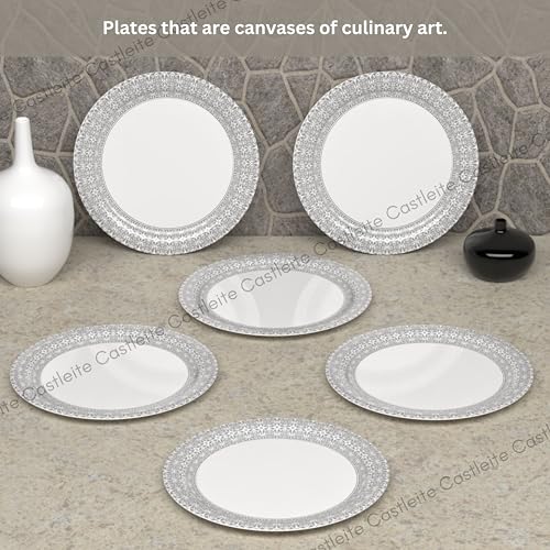 Image of Castleite Piccolo Melamine Plates Set of 6 - Break Resistant, Round Designer Plate for Eating or Serving in Home, Kitchen Use or Cafe, Stainless (Ivory Bloom, Dinner Plate 6 Pcs)
