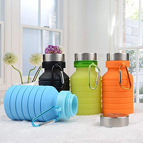Image of we3 Collapsible Water Bottle, 550ml Reusable Silicone Light Water Bottles for Travel Outdoor Portable Leakproof Drinking Bottles with Carabiner (Orange, Pack of 1)