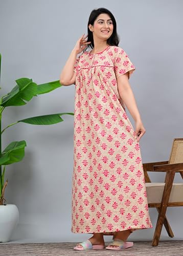 Image of DIAMO Pure Cotton Designer Nighty for Women | Night Gown | Nightdress | Maxi Nighty | Sleepwear | Jaipuri Nighty | Nighties | Cotton Night Gown for Women /Girls with Jaipuri Block Print