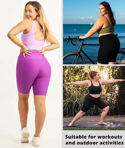 NEW YOUNG 3 Pack Plus Size Biker Shorts with Pockets for Women-High Waisted 8" Yoga Pants Workout Shorts4