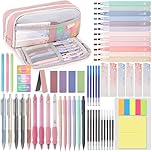 DazSpirit 61 PCS Aesthetic Stationery Supplies with Pencil Case, 12 Pastel Highlighters, 4 Erasable Pens, 5 Gel Pens, 6 Mechanical Pencils, Stationary Set for Students, Note-taking & Journaling (Pink)