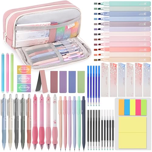 DazSpirit 61 Stück Schulzubehör mit Mäppchen, 12 Textmarker Pastell, 4 Radierbarer Stifte, 5 Gel Stifte, 6 Druckbleistifte, Back To School Stuff, Office Essentials, Schreibwaren Set für Schüler (Rosa)