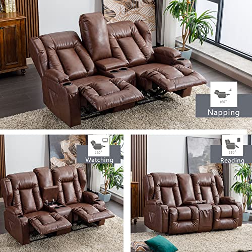 BINGTOO Home Theater Seating 67” RV Recliner Double Recliner Loveseat Manual Recliner Leather Recliner Loveseat Reclining Sofa with Console Slate, Cup Holder, Side Pocket