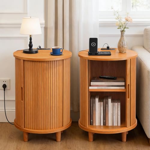 Image of DHH Round End Table with Storage & Charging Station, Fluted Accent Side Table with Sliding Door & Adjustable Shelf, Mid-Century Nightstand for Small Spaces, Living Room, Bedroom (1, Yellow Walnut)