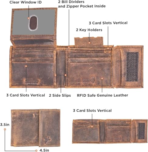 Bifold Wallet for Men Velcro closer RFID Pure Leather Handcrafted Crazy Horse Flip Up window Id (Rustic Brown J225)2