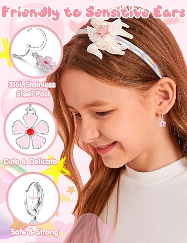 BESTEEL 16 Pairs Hypoallergenic Earrings for Girls Women Sensitive Ears Cute Surgical Steel Dangle Huggie Hoop Earings Set with Charm CZ Flower Heart Animal Christmas Gifts Age: over 4 years old2