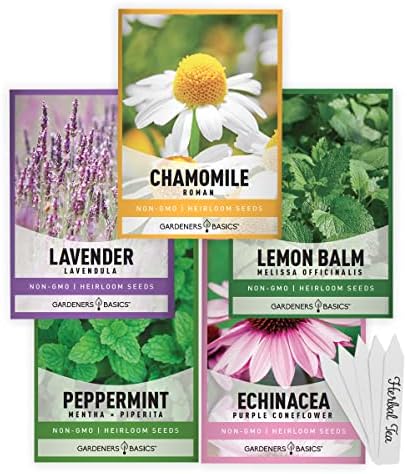 Herbal Tea Seeds for Planting Indoors and Outdoors 5 Variety Packets Echinacea, Peppermint, Lavender, Chamomile and Lemon Balm - Great for Kitchen Herb Garden Heirloom Herb Seeds - Gardeners Basics