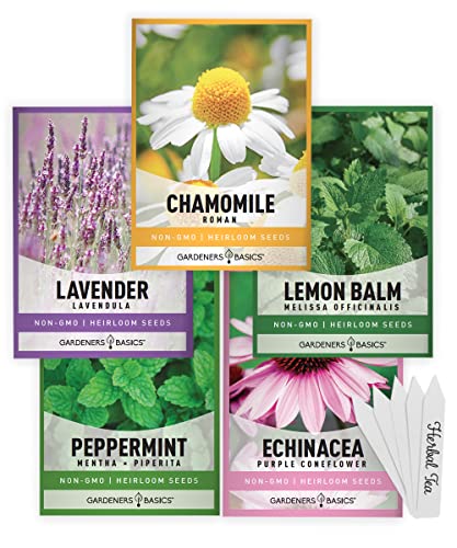 Gardeners Basics Herbal Tea Seeds for Planting Indoors and Outdoors 5 Variety Packets Echinacea Peppermint Lavender Chamomile and Lemon Balm - Great for Kitchen Herb Garden Heirloom Herb Seeds