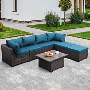 Outdoor patio dark brown rattan 7 piece sectional set pe wicker conversation sofa with liftable storage table non slip 5 thick peacock blue cushion and furniture cover  urban country home decor