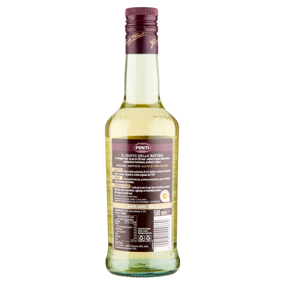 Ponti Lot de 3 bouteilles de vinaigre de vin blanc Aroma Antico Aceto di Vino Bianco 100 % vinaigre italien 500 ml + 1 sachet de talc Felce Azzurra 100 g
