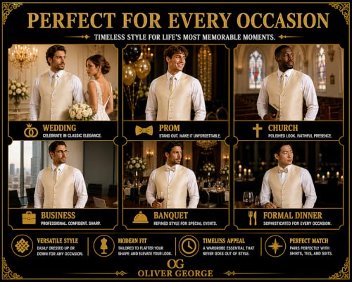 Image of Oliver George 4pc Men's Solid Formal Suit Waistcoat Tuxedo Dress Vest Necktie Bowtie Handkerchief Set for Suit or Tuxedo