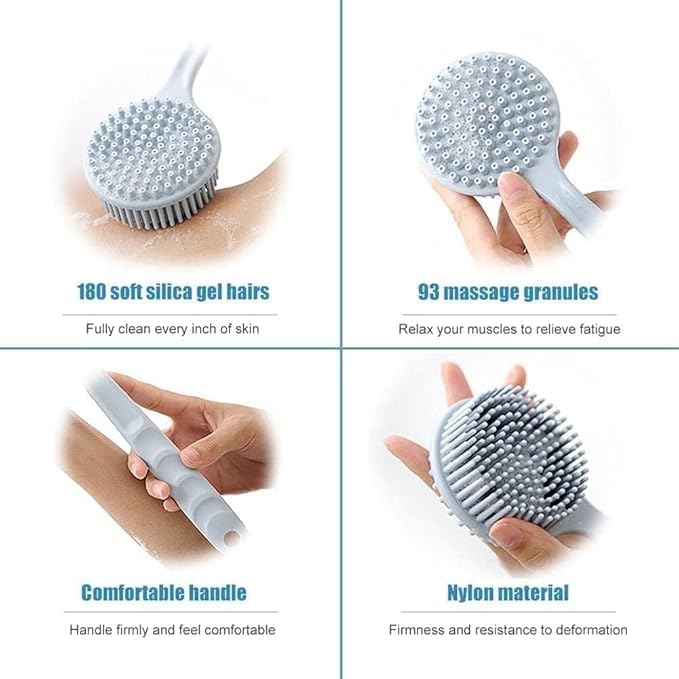 Image of Silicone Bath Brush with Long Handle - Soft Bristles Back Scrubber for Shower | Body Massage - Exfoliating Dirt Removal Brush for Men | Women (GREY)