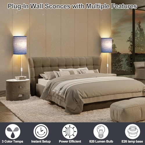 Image of Plug in Wall Sconces Set of Two: Wall Lights with On /Off Switch - Stepless Color Temperature Wall Mount Lamps - Fabric Linen Wall Sconce for Bedroom Living Room & Hallway- Indoor Corded Wall Sconces