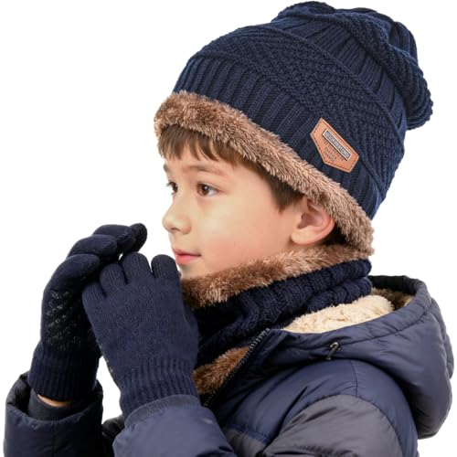 Image of Kids Winter Hat Scarf&Touchscreen Gloves Set,Knitted Beanie with Fleece Lining, Neck Warmer for Boys Girls 4-15 Years