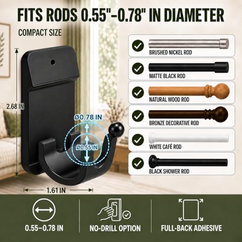 No Drill Curtain Rod Brackets, 8 Pack Self Adhesive Holders for 0.55-0.78in - image 3