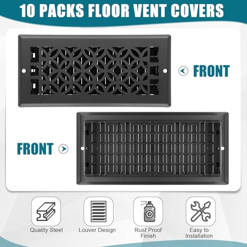 Image of 10 Pcs 4x10 Inch Heavy Duty Floor Register - Decorative Savannah Design Vent Covers - Walkable Adjust Air Supply Lever Steel Airflow Floor Vents with Screws for Home Heater Grilles (Black)