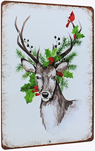 Vintage Metal Tin Sign Plaque Merry Christmas Watercolor Rustic Deer Winter Wall Art Sign Deer Sign for Indoor Outdoor Home Bar Coffee Kitchen Decor 12 x 8 INCH