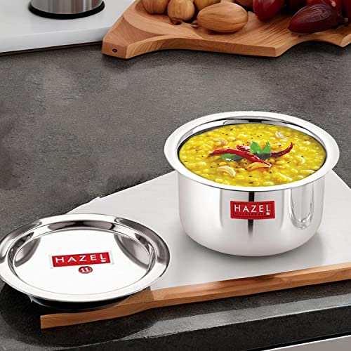 Image of HAZEL Stainless Steel Tope Patila with Lid | 1400ml Heavy Gauge Flat Bottom Bhagona Dekchi | 18cm Boiling Vessel for Milk & Cooking