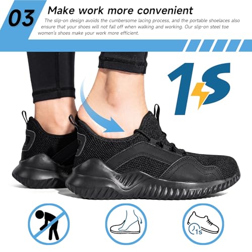 Image of Tinefiy Steel Toe Shoes for Women Lightweight Comfortable Slip On Safety Work Sneakers Cushion Puncture Proof Shoes Indestructible Shoe