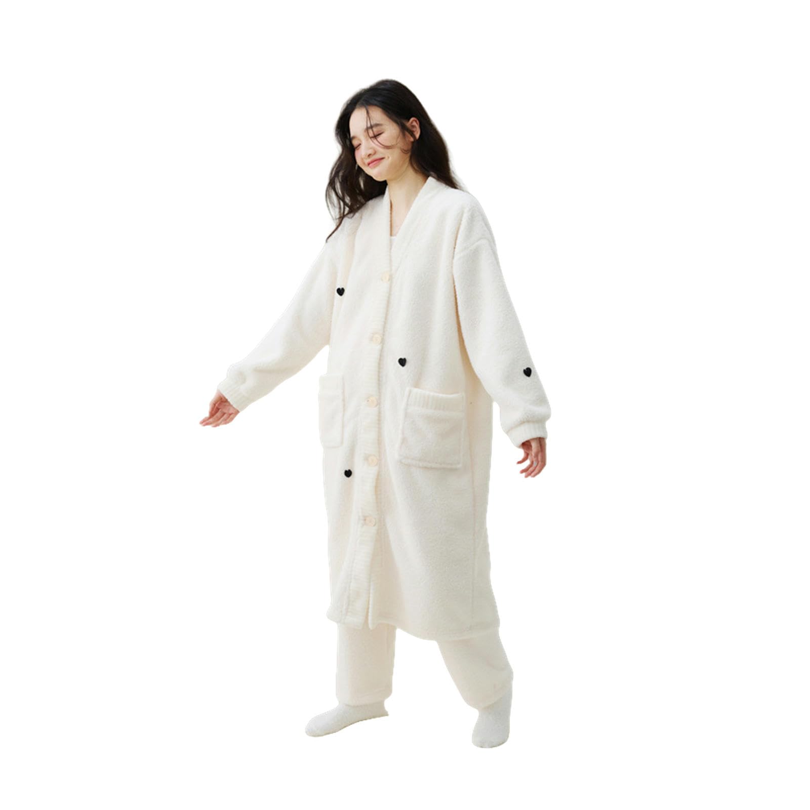 Pigiama Donna Invernale Velluto Invernale in Velluto Caldo Velluto Femmina Net Cardigan Pigiame Spesse Abiti da Velluto Abiti da Casa-White Love V -Neck Robe + Pants-l