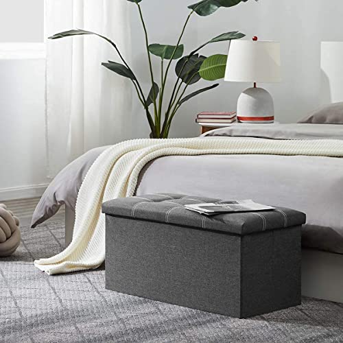 Image of Ottoman, Long Shoes Sofa Folding Storage Bench, Fabric Linen Footrest Stool for Laundry, Storage Space, End of Bed Seat, Toys Storage Organizer Bin Box with Lidded Cover (76X38X38) (Grey)