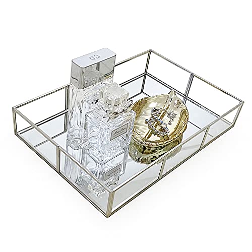 Perfume Tray, Mirror Tray, Vanity Tray Dresser Tray Ornate Tray Metal Decorative Tray Organizer Makeup Tray for Vanity, Dresser, Bathroom, Large Size 11.8" X 7.9" X 2", Silver