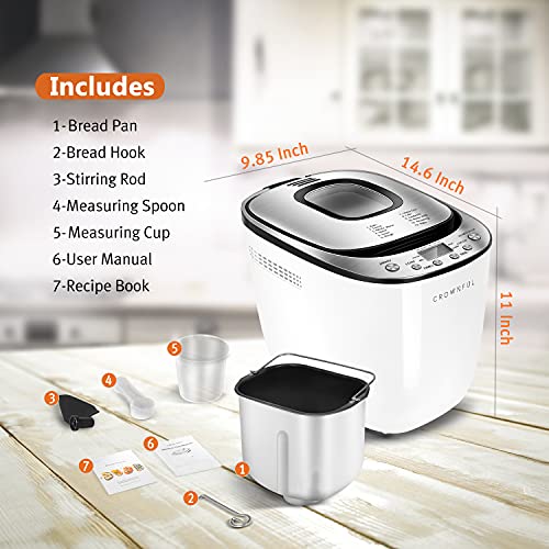 Crownful Automatic Bread Machine, 2Lb Programmable Bread Maker With Nonstick Pan And 12 Presets, 1 Hour Keep Warm Set, 2 Loaf Sizes, 3 Crust Colors, Recipe Booklet Included, Etl Listed (White) #TOP5