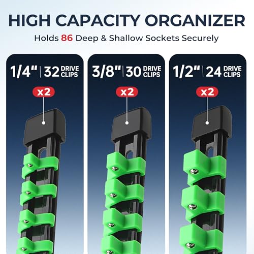Image of Reniteco 6-Pack Socket Organizer Set, 1 /4 inch x 32 3 /8 inch x 30 1 /2 inch x 24 Clips | 86 Clip Capacity, Havy-Duty ABS Socket Rails, Removable Clips, Drive Socket Storage, Toolbox Drawer or Wall Mount