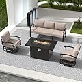 RTDTD Aluminum Outdoor Patio Furniture Set,4 Pieces 5 Seats Patio Conversation Sets with 45" Propane Fire Pit Table,Metal Patio Sectional Furniture Set with 2 Swivel Rocking Chairs,Sand
