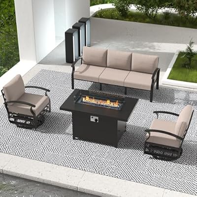 RTDTD Aluminum Outdoor Patio Furniture Set,4 Pieces 5 Seats Patio Conversation Sets with 45" Propane Fire Pit Table,Metal Patio Sectional Furniture Set with 2 Swivel Rocking Chairs,Sand