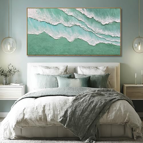 Image of Green Abstract Framed Canvas Wall Art,Modern White Wave Wall Decor,Neutral Minimalist Green And White Color Water Art Print for Living Room,Bedroom,Dining Room, Office 29 inchx58 inch