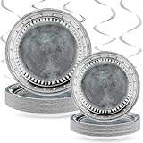 DazzleDaisy 48-Pack Pewter Disposable Paper Plates – 24×9″ & 24×7″ Silver-Grey Medieval Tableware for Pirate, Knight, Castle & Renaissance Party Decor