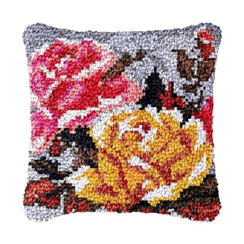 Image of bositigo Latch Hook Kits for DIY Throw Pillow Cover, Colorful Handmade Pillow Case for Home Decoration, Festival Gift 17x17inch (Flower-BZ379)