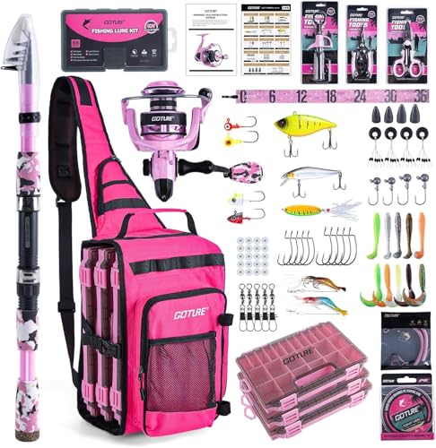Goture Angeltasche mit 3 Köderbox Angeln - Komplettset mit Angelrute, Rolle, Köder Set, Werkzeug (Zange, Griff, Schere) & Köderset für Salz- und Süßwasserfischen