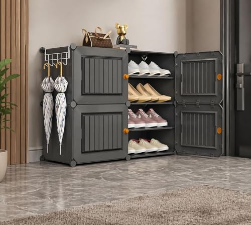 Image of Modular Shoe Rack Organizer with Drawer Storage, Multi-Layer Foldable Shoe Cabinet with Dustproof Doors for Home Entryway Bedroom (HZ-Grey, 4-Door)