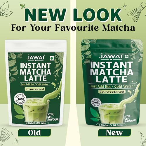 Image of JAWAI MATCHA LATTE INSTANT PREMIX | 100 Grams | Japanese Matcha Green Tea Powder | UNSWEETENED, No Added Sugar | Antioxidant Rich, Keto & Vegan Friendly | Just Add Hot or Cold Water | 5 Sachets x 20G