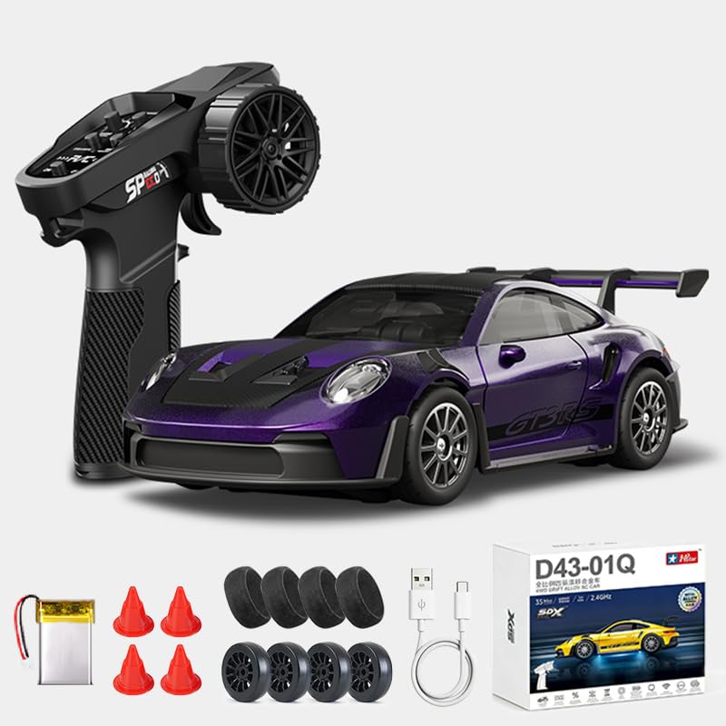 1:43 RC Drift Car, 2.4G Full Proportional 4WD Alloy 20KM/H High Speed RC Racing Car with Gyro, Silent Bearings, Adjustable Speed & Lighting(Q7/Purple/D43-01)