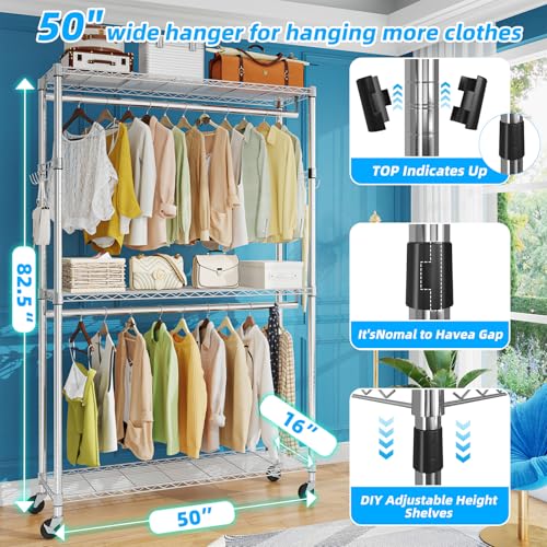 Simple Trending Clothing Garment Rack with 3 Tiers Storage Shelves, Heavy Duty Rolling Clothes Organizer Double Rods with Wheels for Hanging Clothes, Chrome thumbnail 2