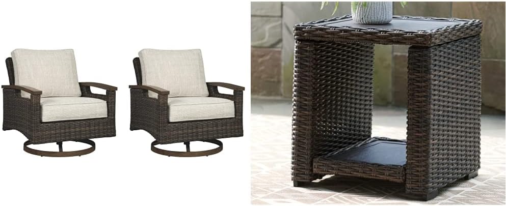 Signature Design by Ashley Paradise Trail Outdoor Swivel Upholstered Lounge Chair Set, 2 Count, Beige & Grasson Lane Outdoor Rattan Square End Table with Storage, Brown